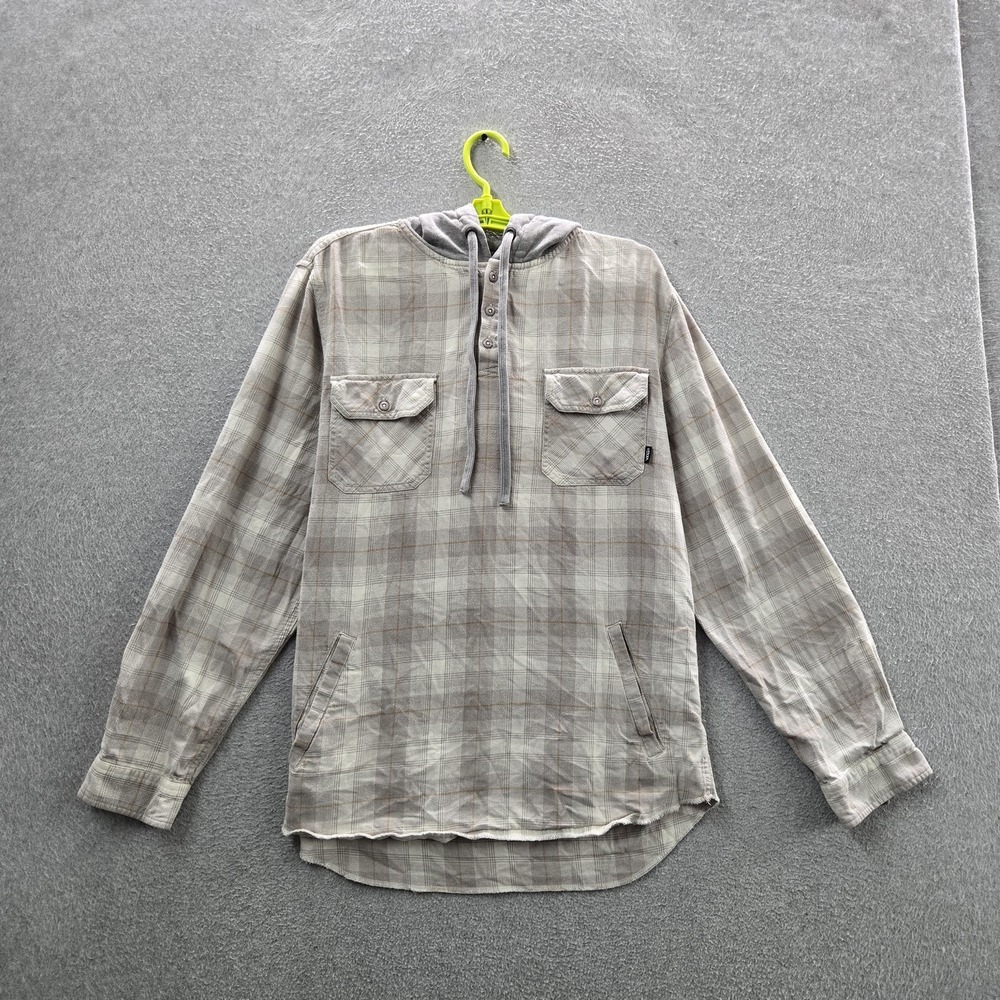Vans Men Button Up Shirt L Gray Plaid Hooded Flannel Johnny Layton Grunge Skater